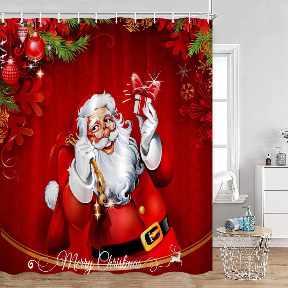 Santa Claus Christmas Red Shower Curtain Happy New Year Gifts Deer Bathroom Decor Winter Holiday Polyester Fabric Bath Curtain