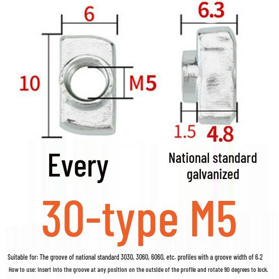 European Standard T-Nut - Rear-Mounted T-Shaped Hammer Head for Aluminum Profile (M4, M5, M6, M8) 20/30/40/45.
