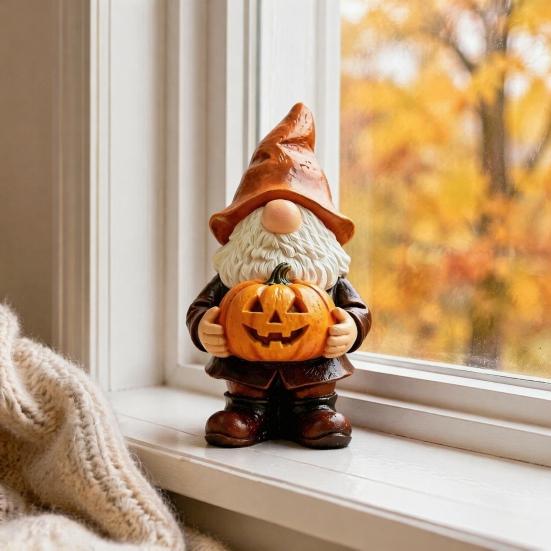 Weather Resistant Gnome Decor Halloween Garden Statue, Faceless Holding Pumpkin Sculpture, Waterproof Lawn Statue Resin for Porch Yard Autumn