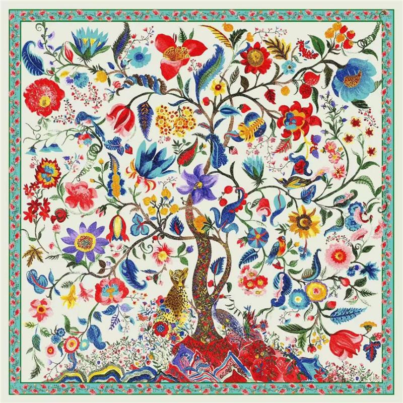 130*130cm Silk Scarf Luxury Women Large Shawls Animals Life Tree Print Stoles Square Bandana Kerchief Hijab Female Foulard