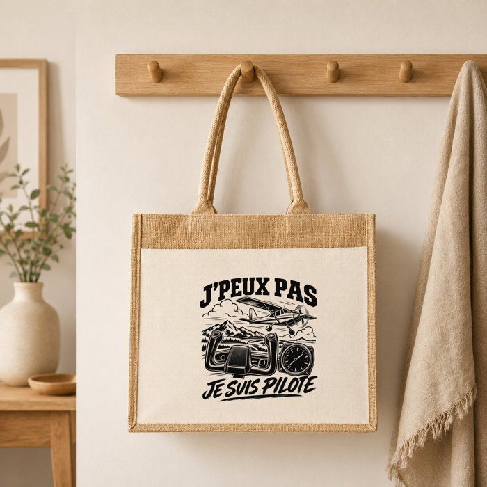 Sac cabas - PLANETEE - J'peux pas minimaliste - Toile de jute & coton - 43×33×21 cm (21 L) - Anses coton 65 cm