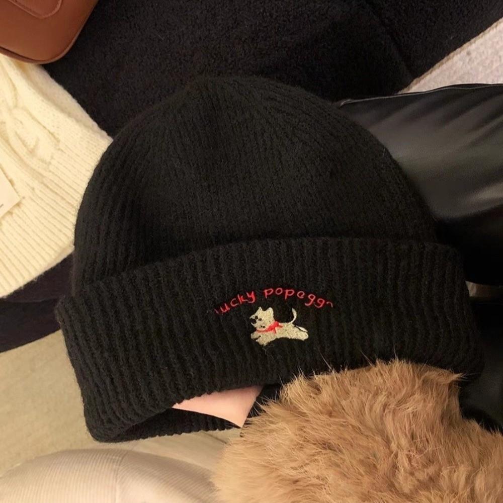 Puppy Embroidery Winter Knitted Hat Winter Warm Crochet Bonnet Hat Cute Beanie Cap
