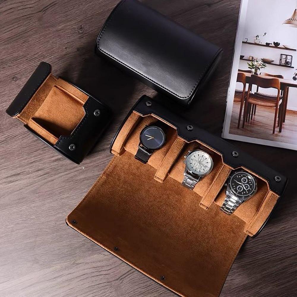 3 Slots Roll Travel Case Portable Vintage PU Leather Watch Organizer Display Storage Box For Men Gift