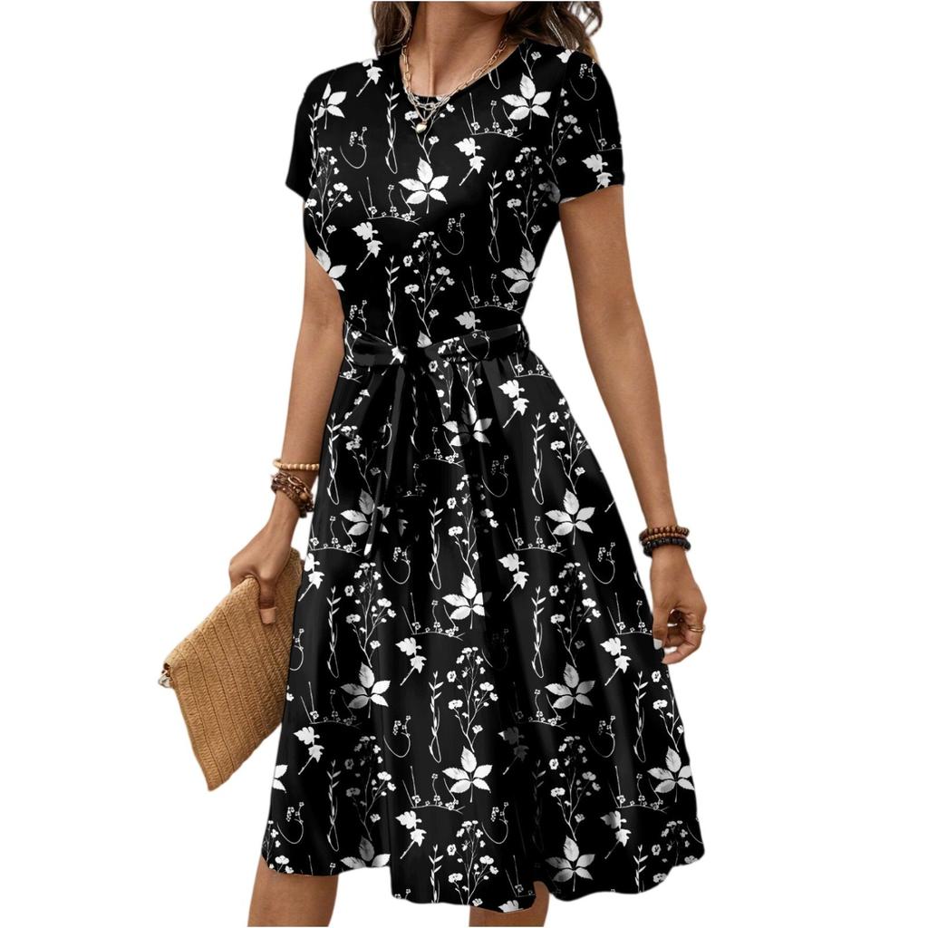 Women's Fashionable Print Round Neck Loose Short Sleeved Pocket Pullover Dress
