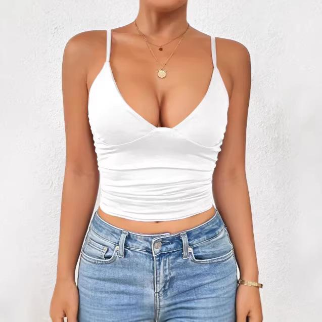

European And American Women S Clothing Solid Color V-Neck Sleeveless Belly Button Sexy Slim Sling Small Vest XS белый