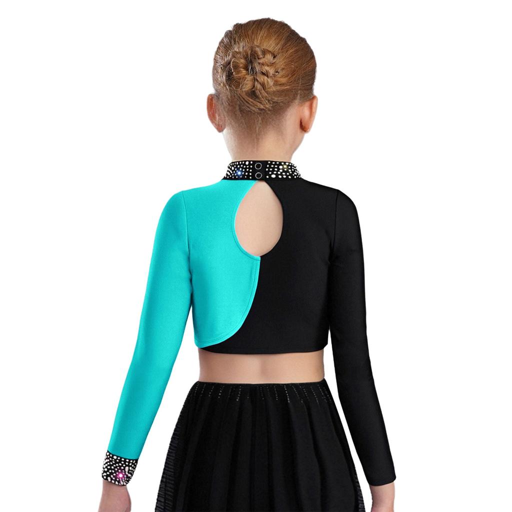 Damska bluzka do łyżwiarstwa figurowego z błyszczącymi cyrkoniami, blokowy design kolorystyczny, crop top z wycięciem na plecach