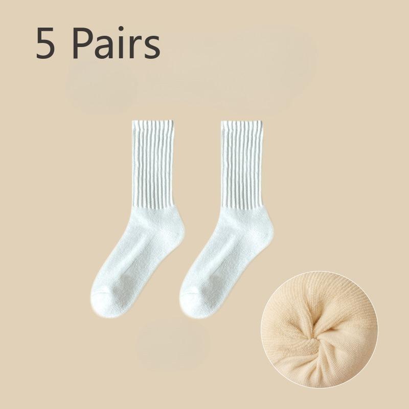 5 Pairs of Stacked Socks Women's Autumn and Winter Padded and Thickened Warm Terry Socks Solid Colour Mid-calf Socks Thick Needle Towel Socks Tide