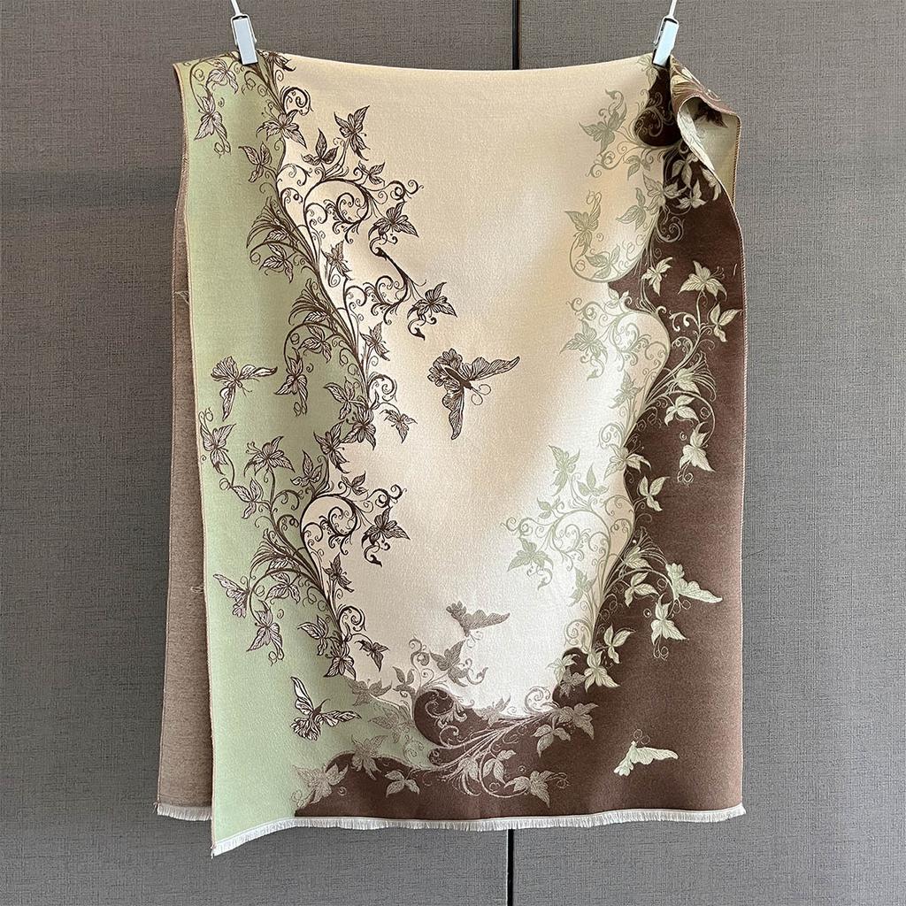 Autumn and winter new contrasting color butterfly printing scarf three-color splicing retro pattern design warm and fashionable outer shawl
