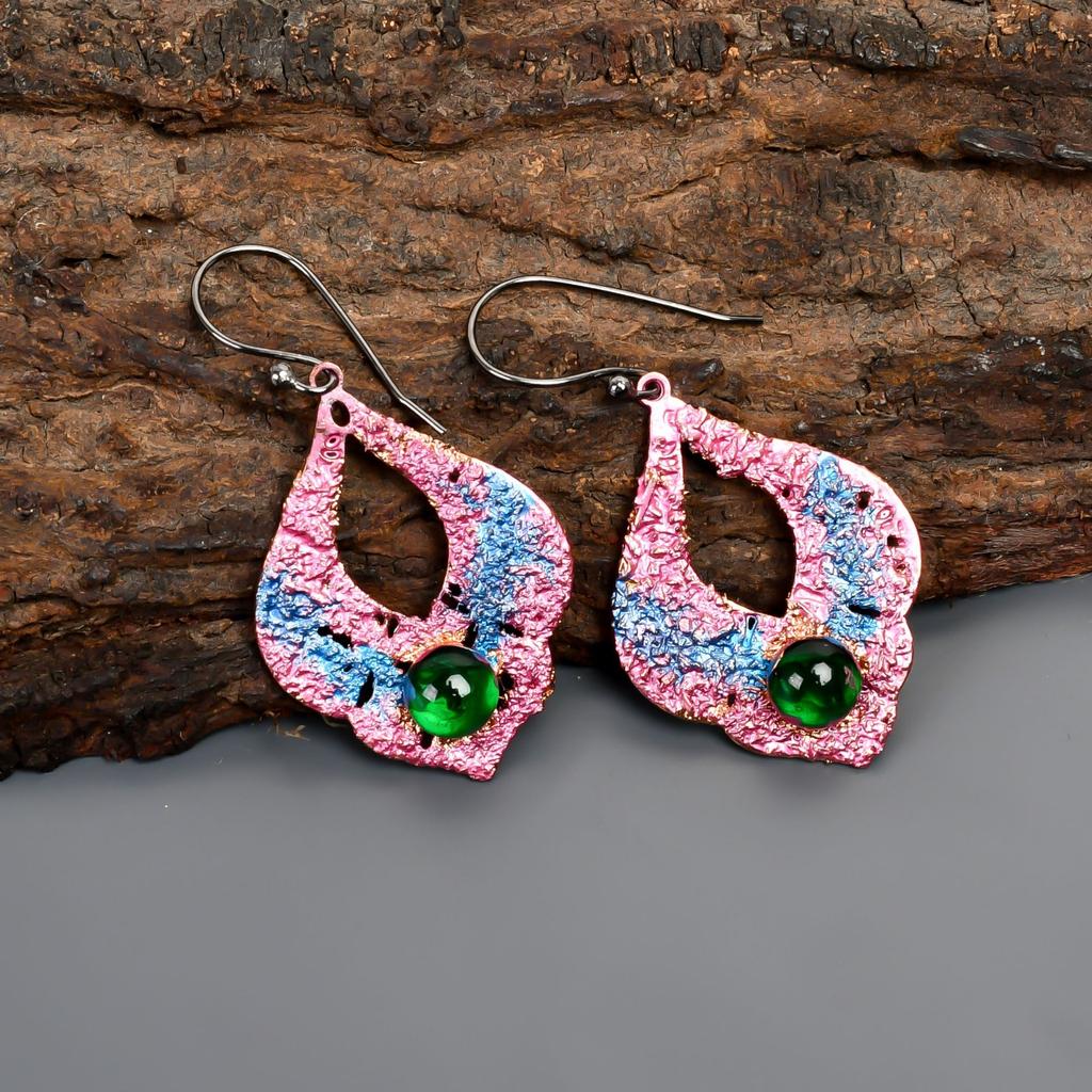 Natural Chrome Diopside Copper New Dangle Drop Multi Electroformed Hook Earrings V-94