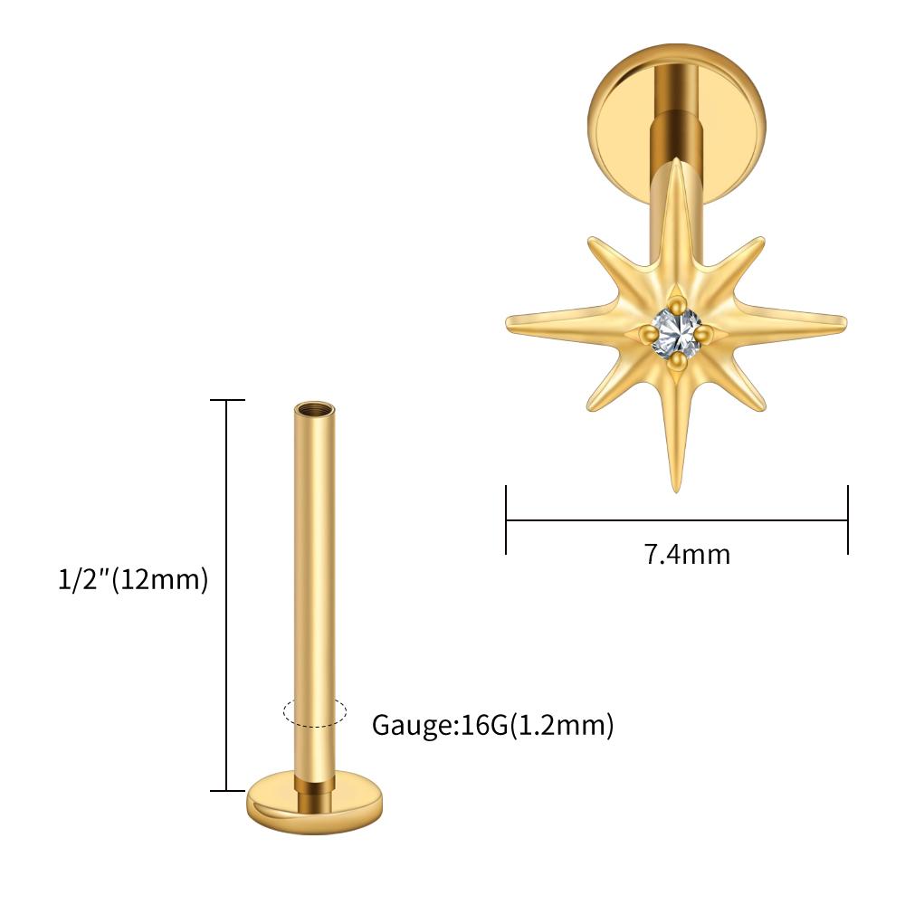 Right Grand ASTM F136 Titanium CZ North Star Flat Back Earring 16G Tiny Starburst Helix Cartilage Stud Earlobe Piercing Jewelry