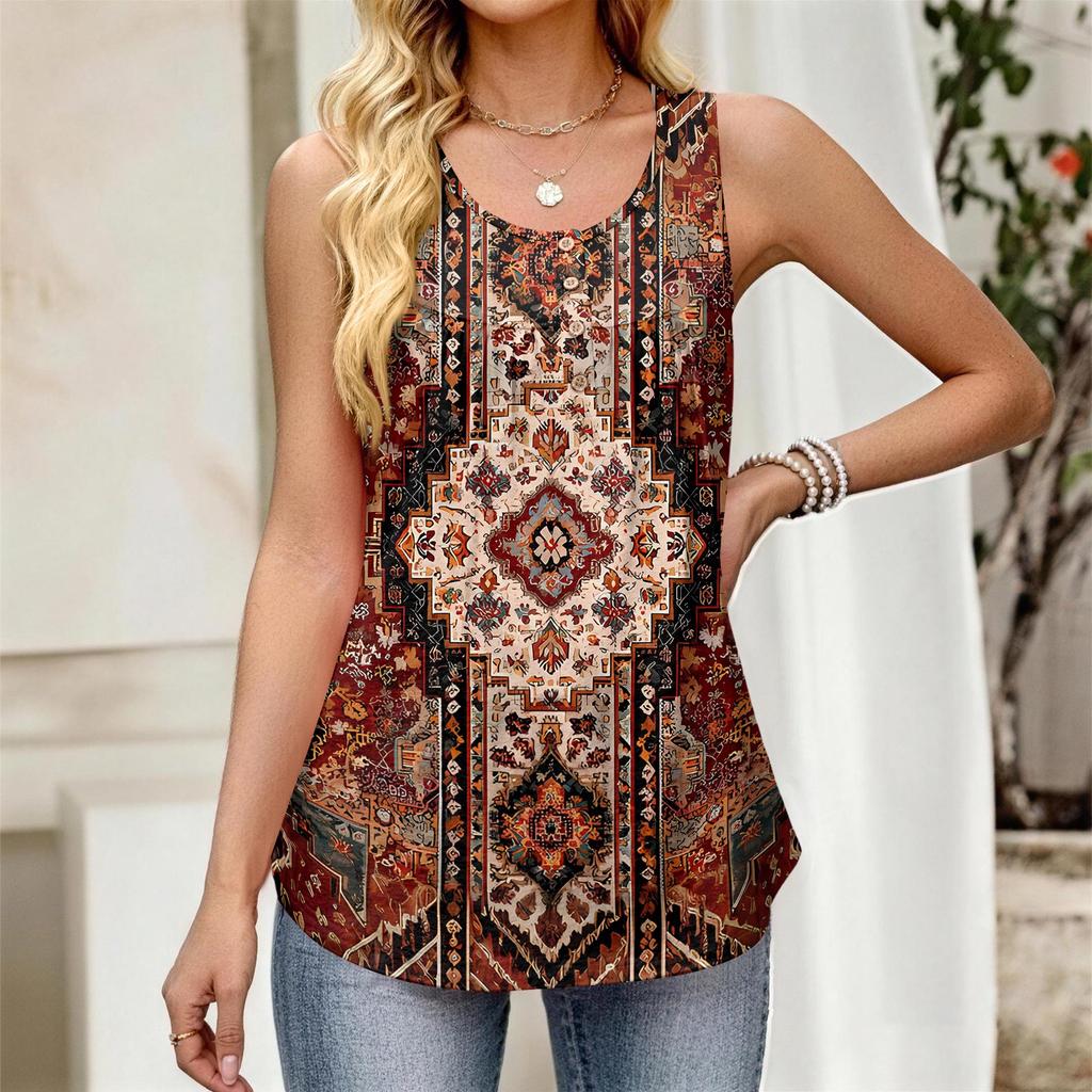 Dames Nieuwe Mode Retro Bloemen Strepen Textuur Print Ronde Hals Losse Casual Knopen Mouwloze Vest Top