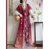 Chinese Tang Dynasty Beizi Hanfu Set, Printed Cardigan Ethnic Style One-Piece Waist Skirt Daily Wear