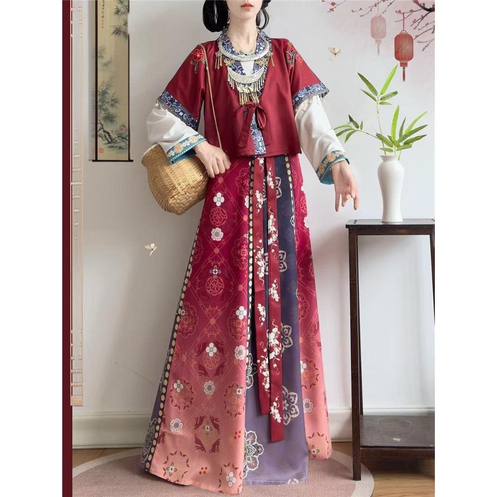 Chinese Tang Dynasty Beizi Hanfu Set, Printed Cardigan Ethnic Style One-Piece Waist Skirt Daily Wear
