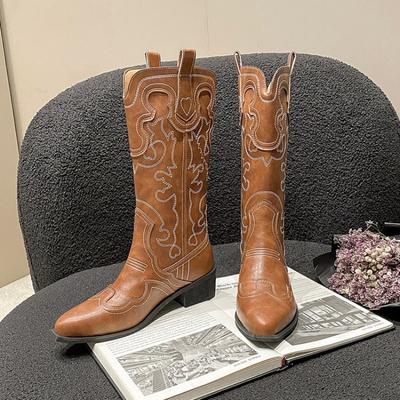 Fashion Women's Embroidered Western Cowboy Boots Fall New Coarse Heel Pointed Mid-leg Knight Boots High Boots
