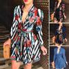 Mode Damen Tiefer V-Ausschnitt Langarm Pfau Blumen Print Wickel Mini Kleid