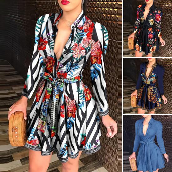 Mode Damen Tiefer V-Ausschnitt Langarm Pfau Blumen Print Wickel Mini Kleid