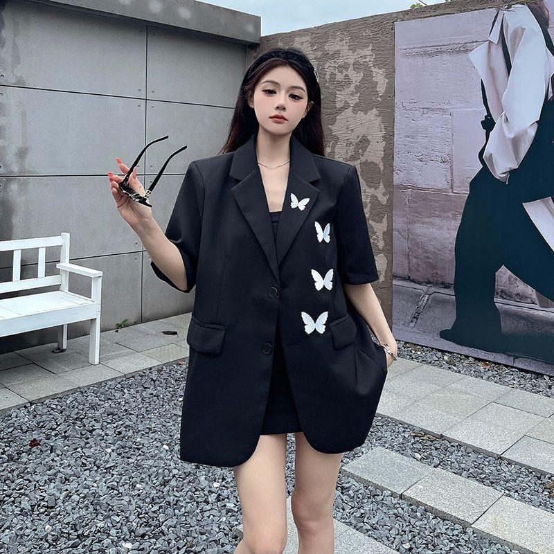 Blazer Nero a Maniche Corte Ricamato con Farfalle High Sense per Donna Estate Design di Nicchia Capo Esterno Completo Top