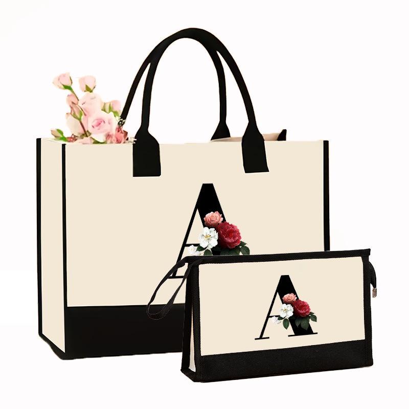 Canvas Shoulder Bag Makeup Set with Color Block Print & Portable Zipper Clutch