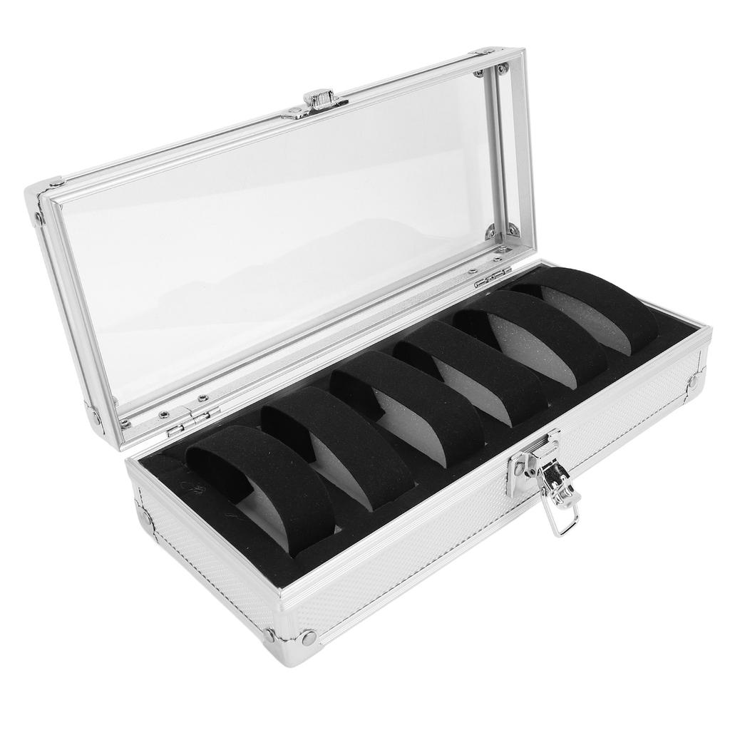 Cutie de Afișare Ceasuri cu 6 Compartimente Interior din Flanelă Carcasă din Aluminiu pentru Depozitare Ceasuri cu Capac Transparent pentru