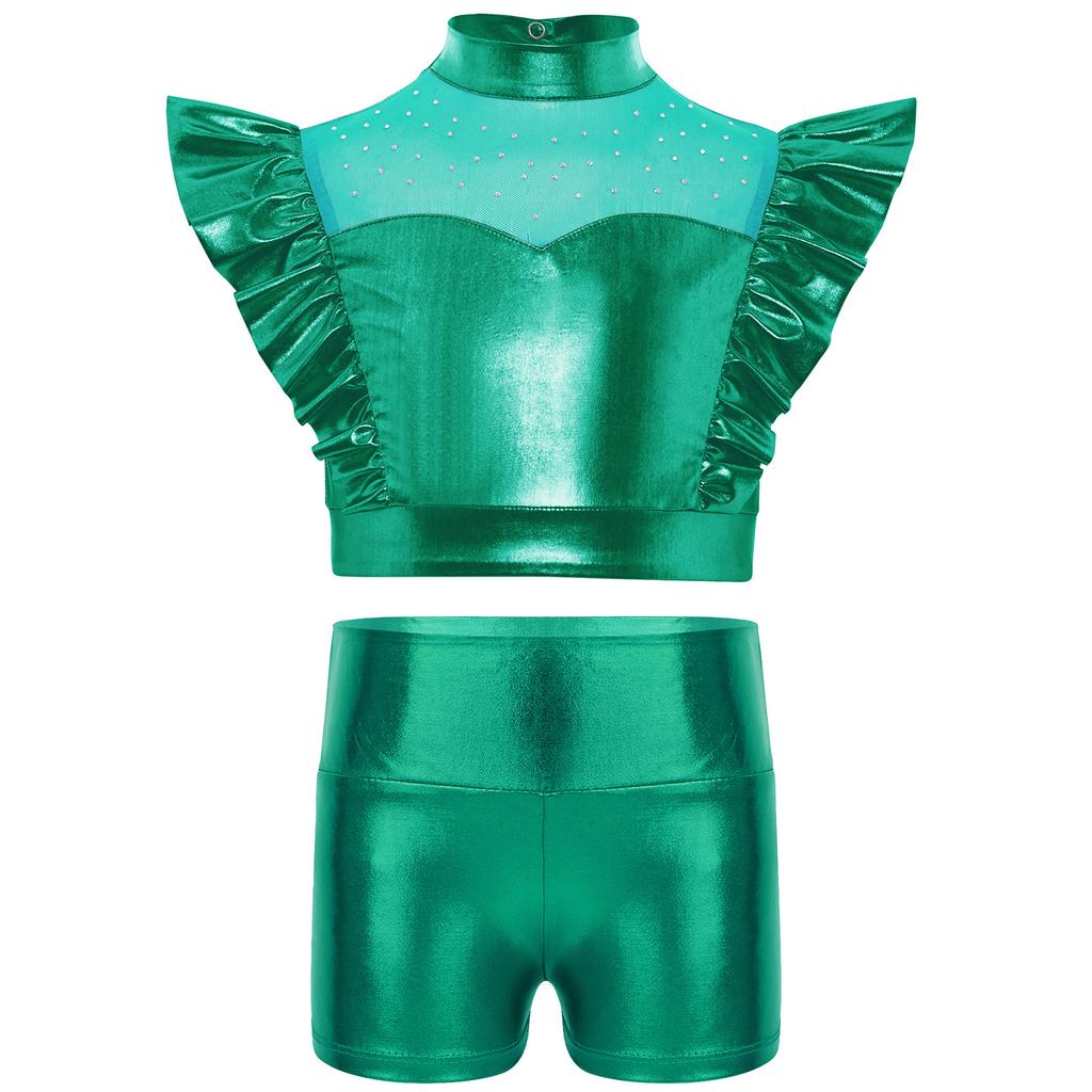 Dětský třpytivý taneční outfit s kamínky, s vysokým límcem, bez rukávů, kovový volánkový top a odpovídající lesklé šortky pro jazzovou soutěž