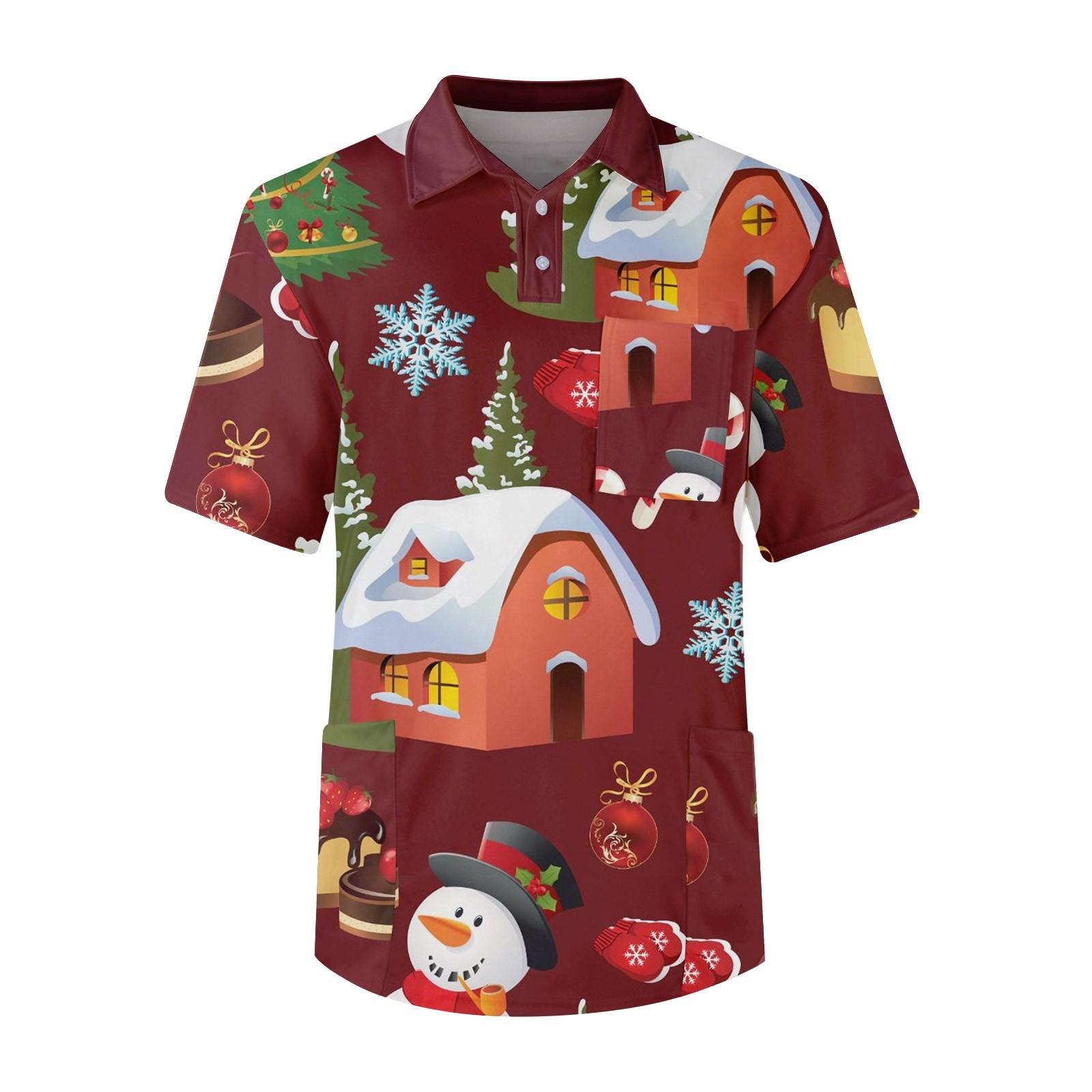 

Мужской топ с коротким рукавом, пуговицами, лацканами, рождественскими принтами, нагрудным карманом, Dry-nurse XXXXXL винный