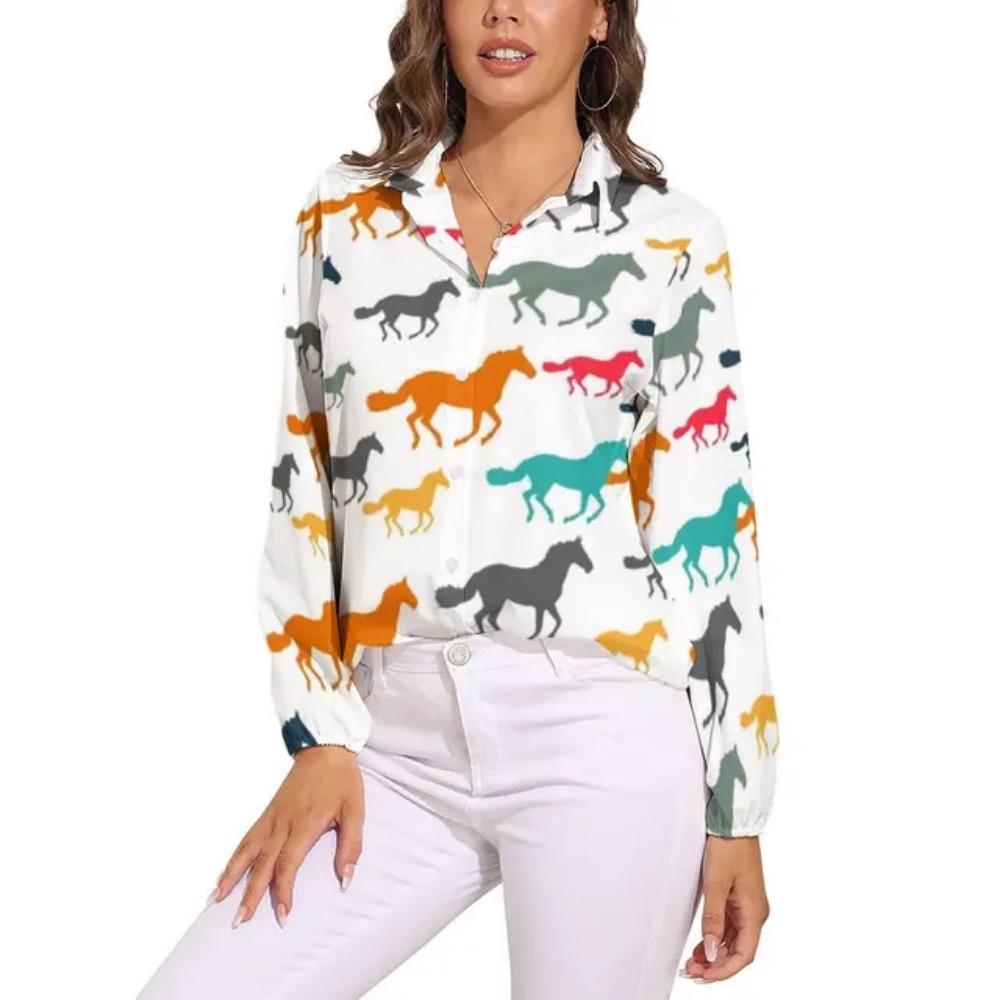 Camicia Colorata con Cavalli a Manica Lunga Camicie da Donna Cavalli Segreti Corse Camicie Vintage Top da Strada Femminili Primavera Estate