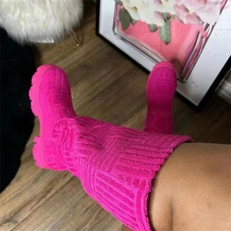 Fashion Sock Boots  New Women Knee High Knitted Pointed Toe High Heel Long Boots Breathable Lady Shoes Keep Warm Fashion Botas Mujer
