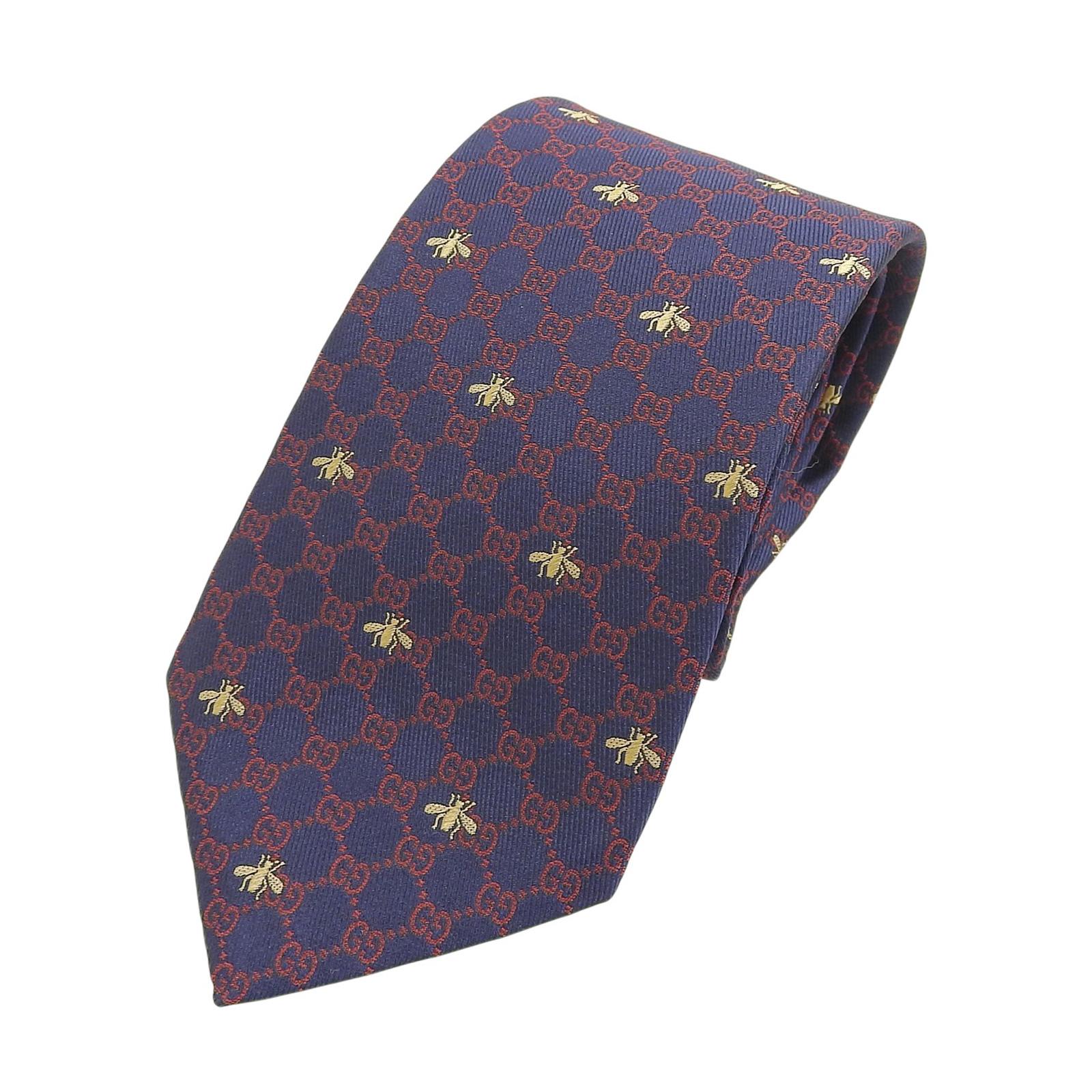 Pristine GUCCI tie BEE GG pattern Navy silk mens 545078 Used