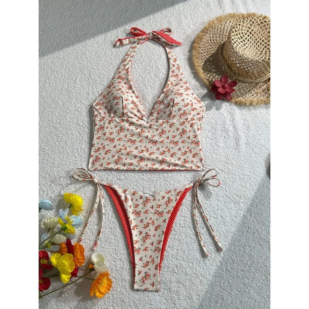 2026 Summer Floral Halter Bikini Women's Sexy Backless Swimwear with Tie Detail Summer Strappy Two Piece Bathing Suit Holiday