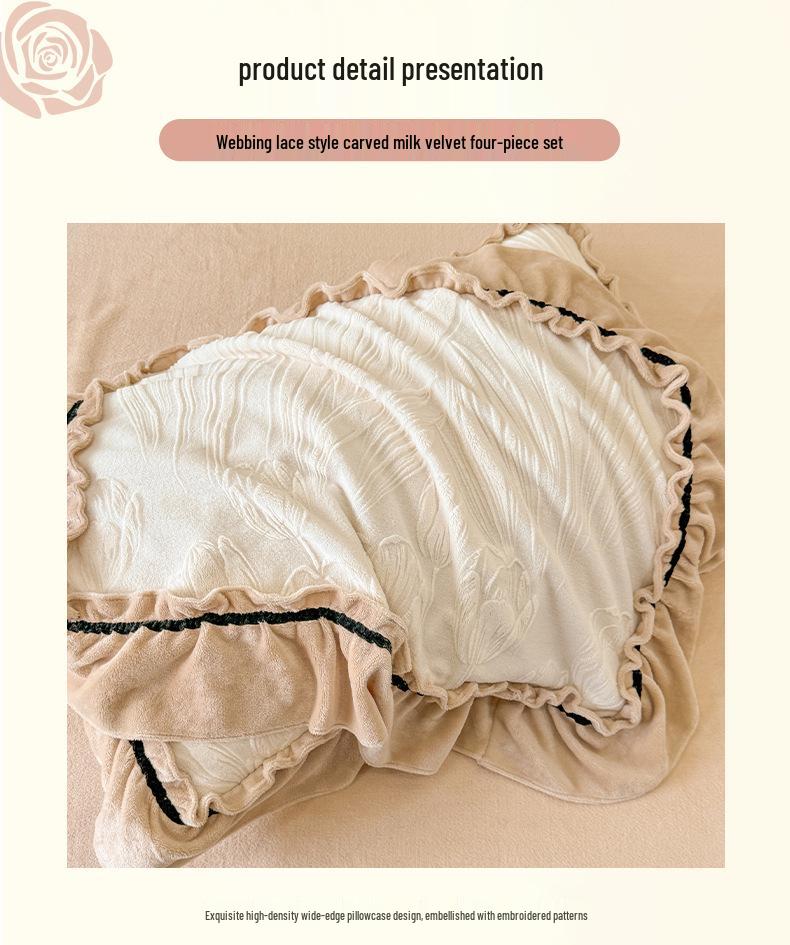 Luxury Carved Velvet Ribbon Lace Four-Piece Set: Double-Sided Fleece Duvet Cover for Cozy Home Warmth