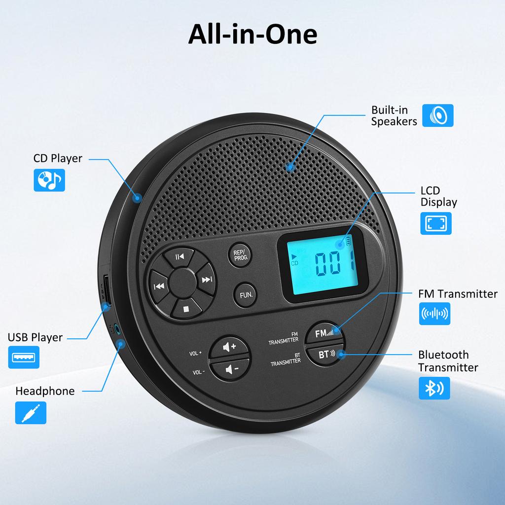 Portable Rechargeable CD Player, built-in speakers. 2-in-1 Bluetooth Transmitter & Receiver, FM/AUX for car. Supports CD/MP3/USB/TF card, LCD screen