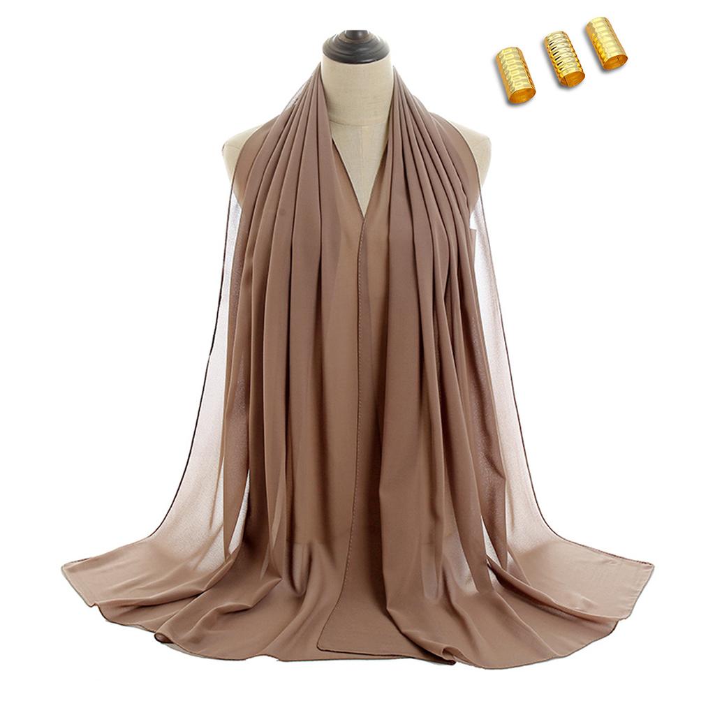 Solid Chiffon Hijab With Scarf Buckle Set Muslim Woman Hijabs Shawls Soft Islimic Turban Headband And Metal Hollow Buckle Set