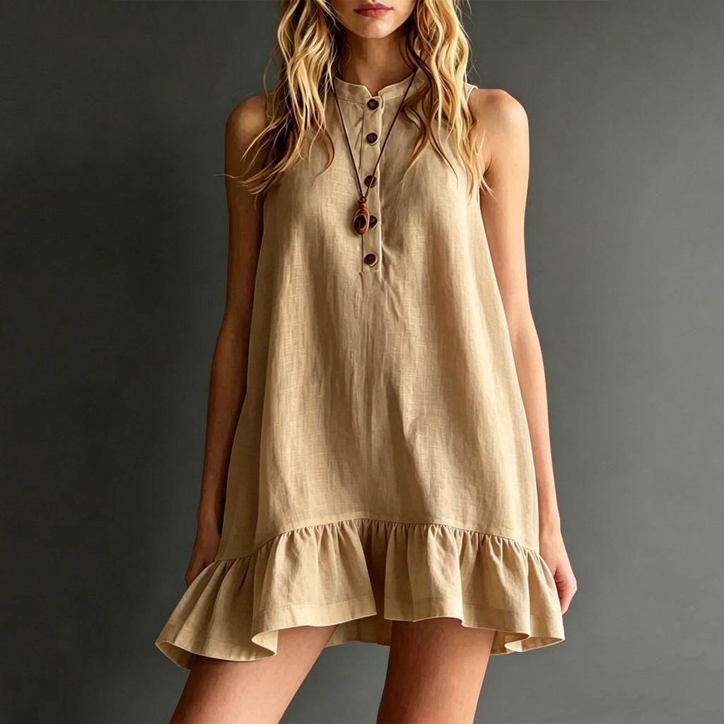 Women’s Sleeveless Ruffle Hem Dress Stand Collar Button Front Solid Tunic Dress with Relaxed Fit for Casual Daily Wear