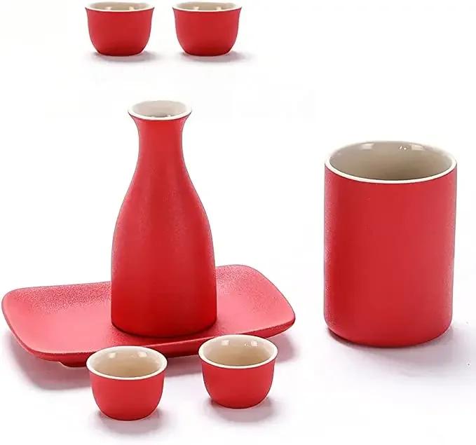 Vintage Ceramic Sake Pot Cups Set Traditional Durable Crafts Gift Groove Design Creative for Cupboard Cabinet Drawer Home