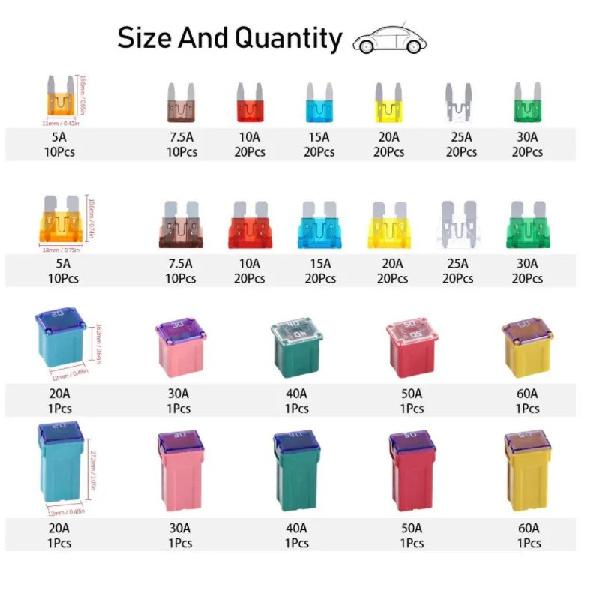 250 Pieces Automotive Fuse Set, Standard Mini Blade, Low And High STD Profile, Box-Shaped, Various Fuses