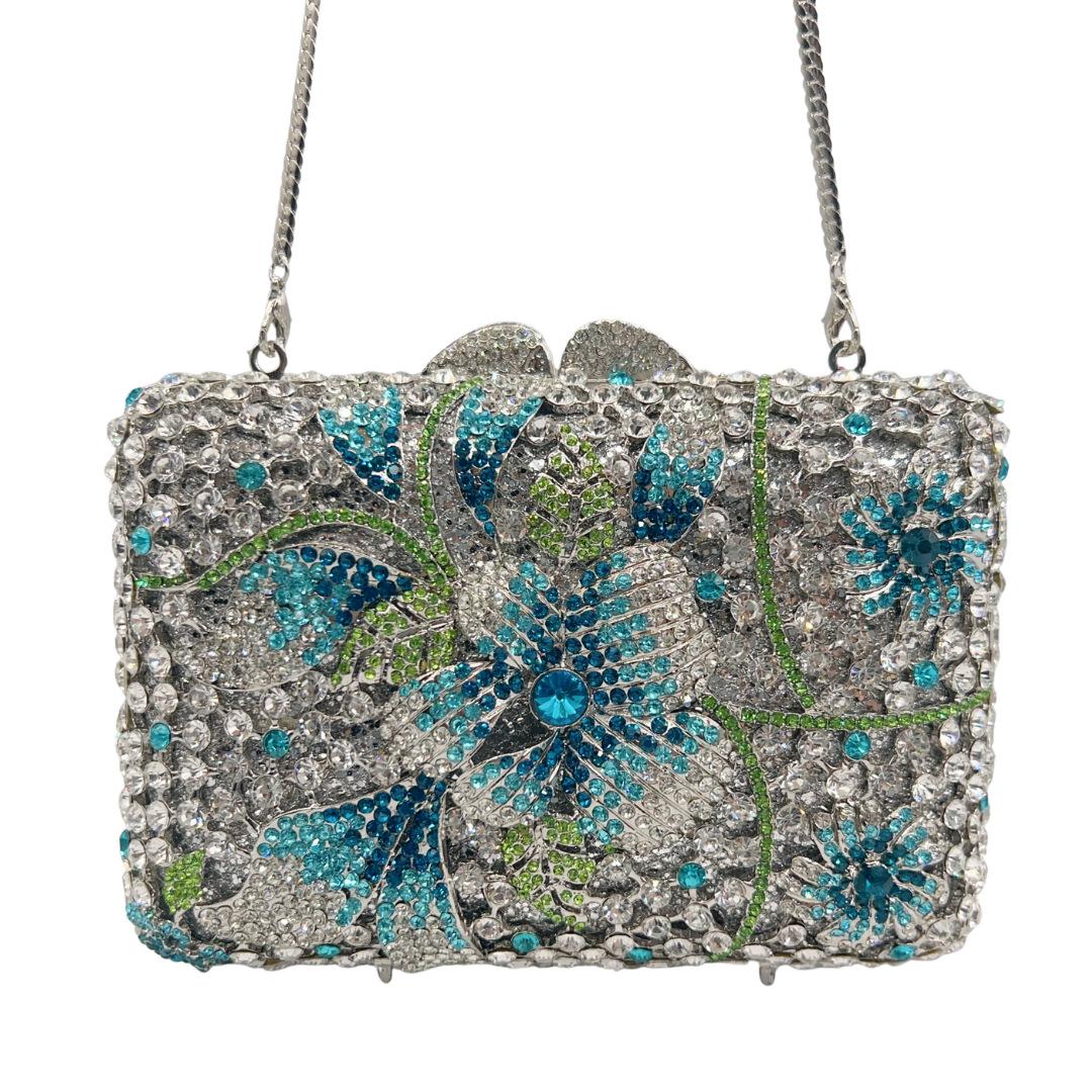 

WHTUOHENG Blue/White Flower Rhinestones Evening Bags Women Floral Crystal Evening Clutches Bridal Wedding Party Clutch Purse 17.5cmX12cmX6.7cm