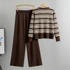 Women's Autumn And Winter Striped Sweater Set Casual Wide Leg Pants  Knitted Two Piece Set  Trendy