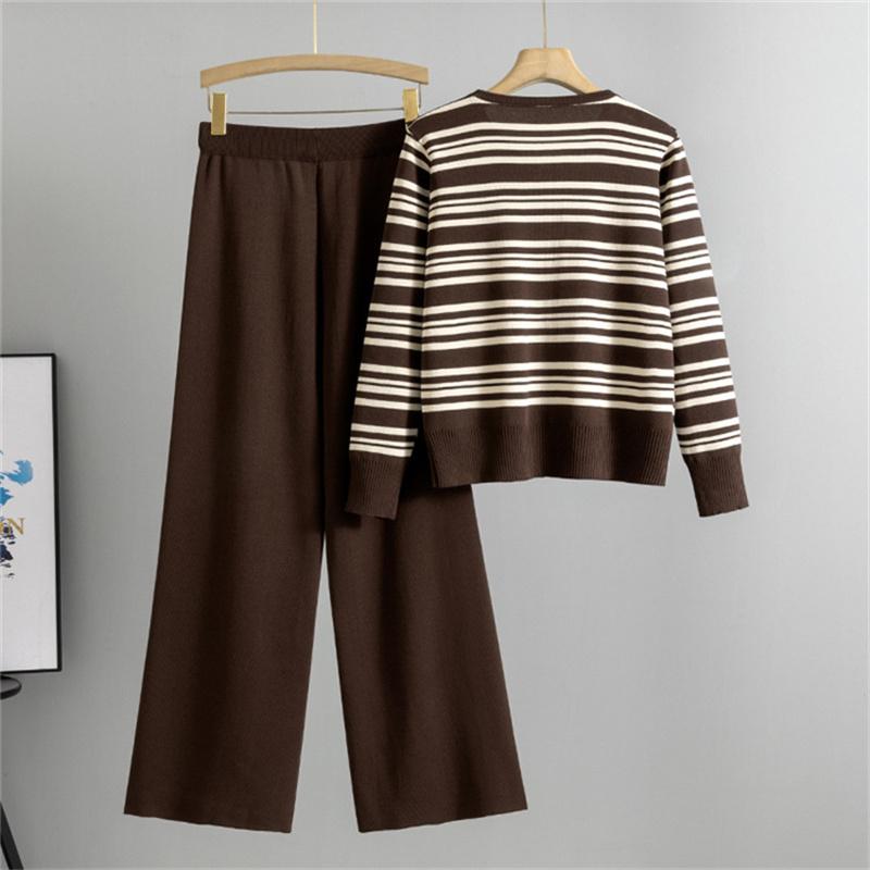 Women's Autumn And Winter Striped Sweater Set Casual Wide Leg Pants  Knitted Two Piece Set  Trendy