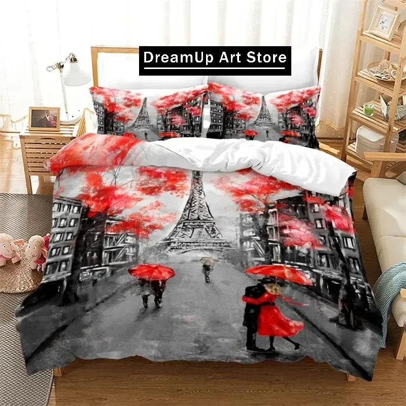 Eiffel Tower Duvet Cover Romantic Couple Flower King Comforter Cover Microfiber France Paris Cityscape Bedding Set For Girl Teen