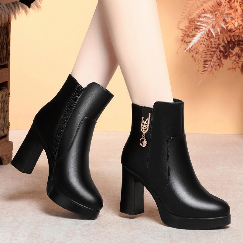 Dámské kotníkové boty na vysokém podpatku nové zimní sametové bavlněné boty temperamentní silný podpatek kožené boty teplé mateřské boty