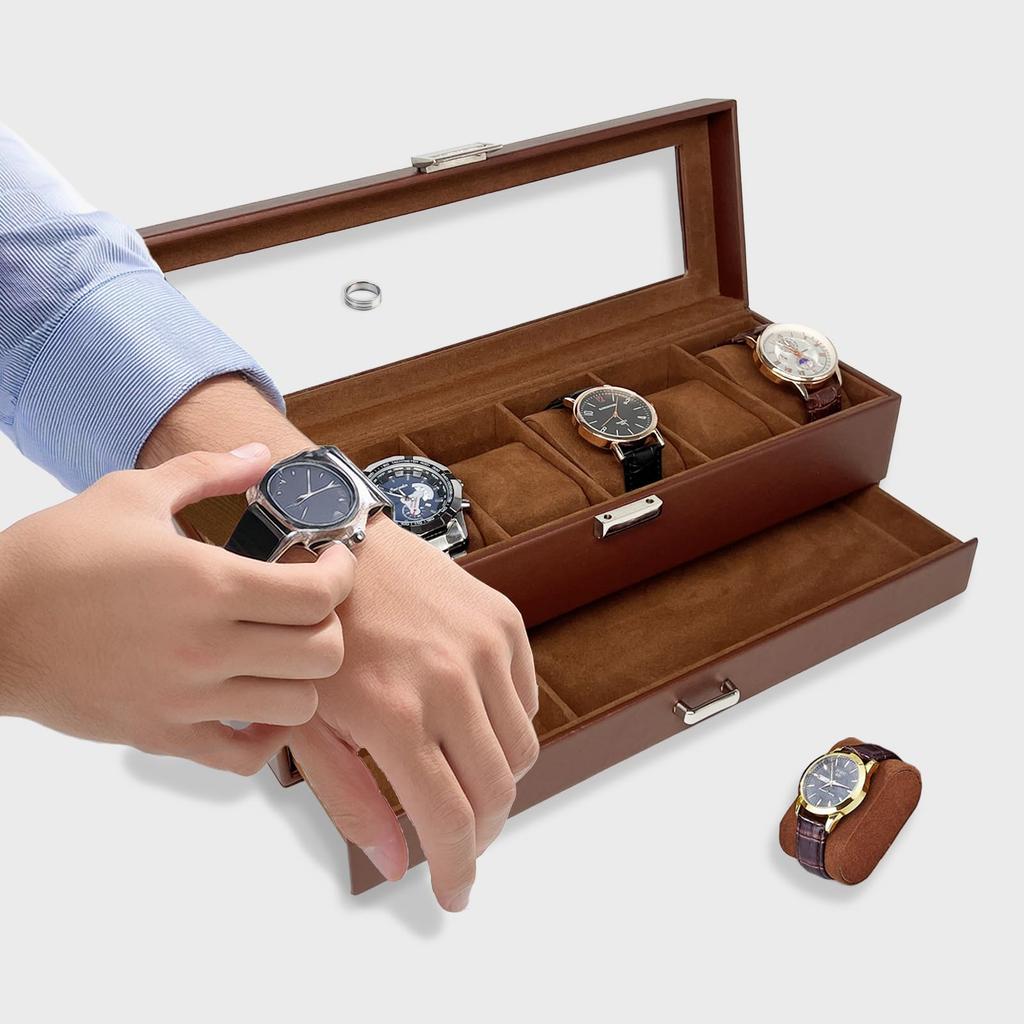 Mocamoro Watch Holds 6 Watch Luxury Watch Collection for Clear Glass Gift Case, Watches, Two-Tier Box, Men, Top, Display,