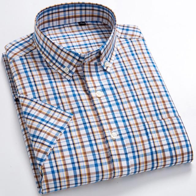 Men's Fashion Plaid Checkered Short Sleeve 100% Cotton Shirt Button-collar Holiday Youthful Striped Summer Casual Gingham Shirts