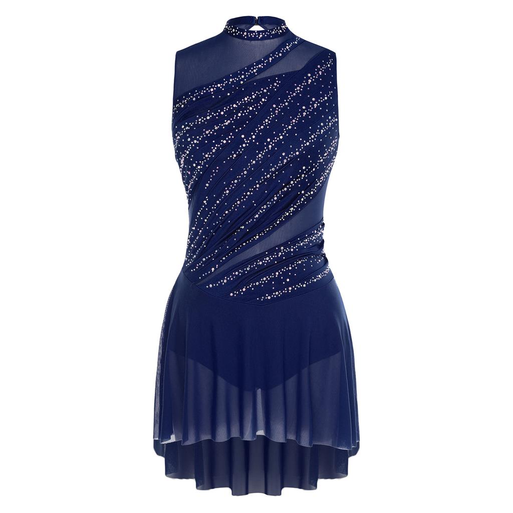 Women Ruched Dance Dress Shiny Rhinestone Sleeveless Lyrical Dancing Outfit