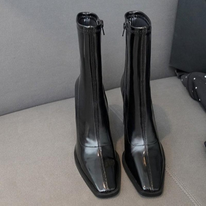 Fashion Side Zip Block Heel Single Boots Women's Fashion Square Toe Side Zip Anti-Slip Wear-Resistant Mid-Tube
