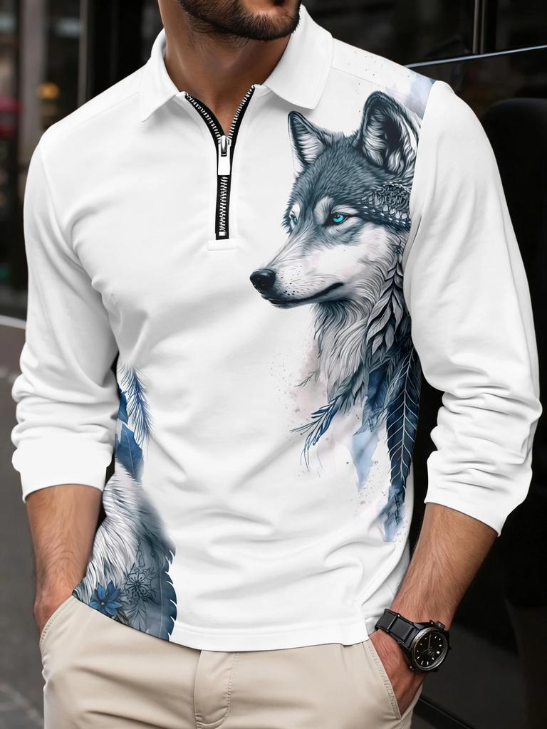 Wolf Moon 3D printed long-sleeved polo shirt Casual T-shirt