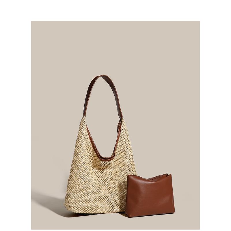 New retro straw woven tote bag shoulder large bag women s leisure large capacity summer vacation beach bag