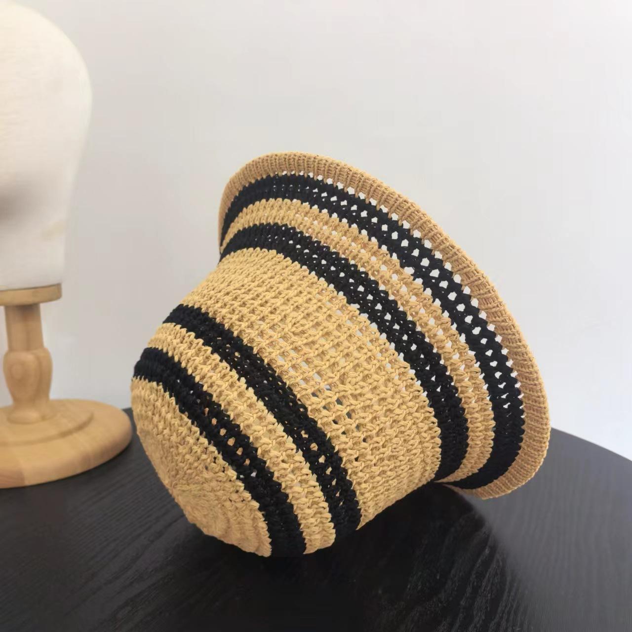 

Летняя широкая солнцезащитная шляпа для путешествий на открытом воздухе, для отдыха, солнцезащитная шляпа соломенная, контрастные полосы, полая шляпа-ведро для женщин M（56-58cm）