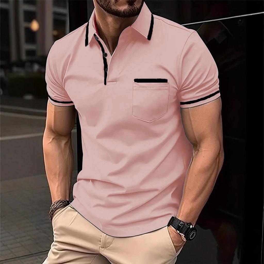 Men Clothes Summer Casual Short Sleeve Lapel Golf Polo Shirt Pocket Stitching Tops Polo Shirt