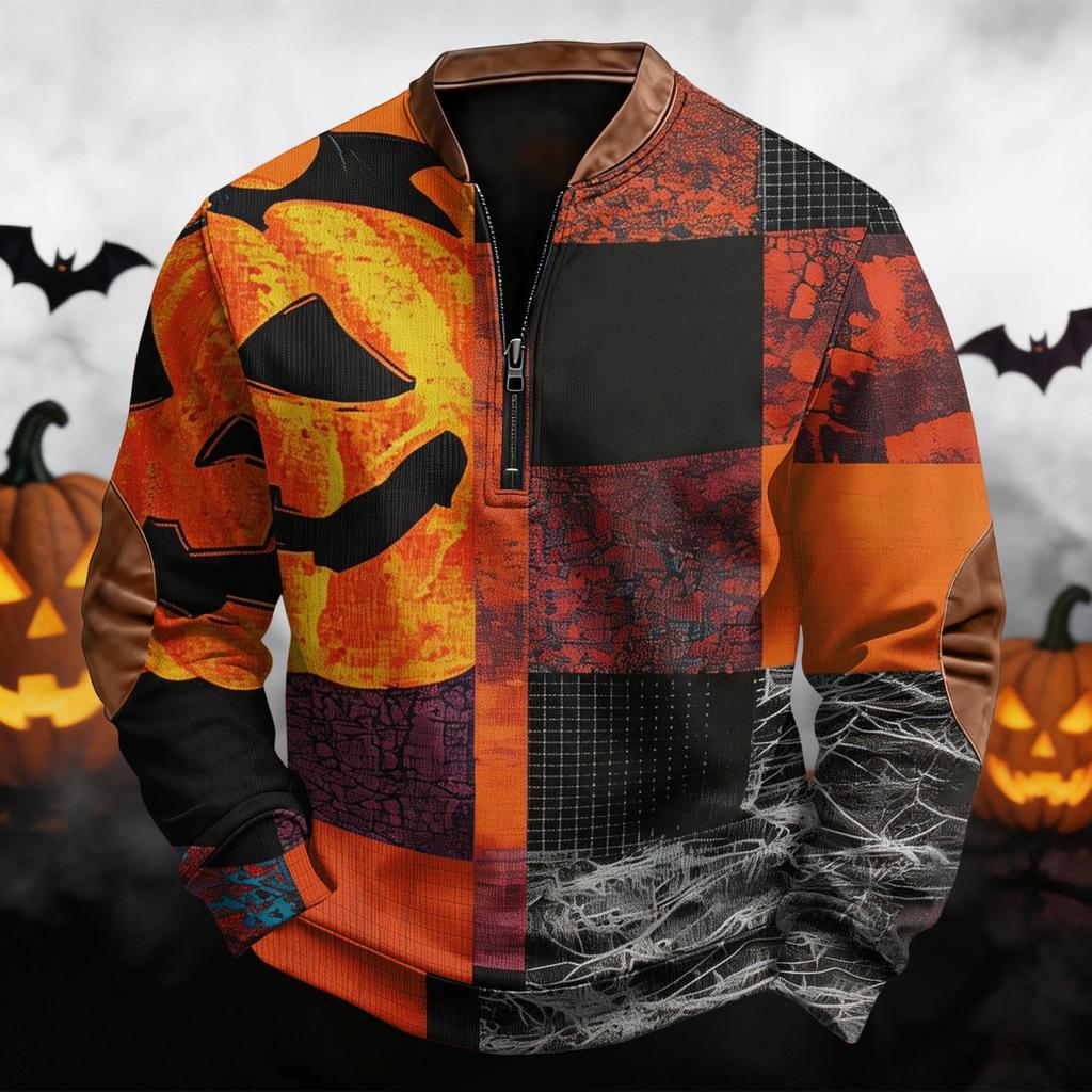 Men's Vintage Halloween Print Half Zip Crewneck Sweatshirt