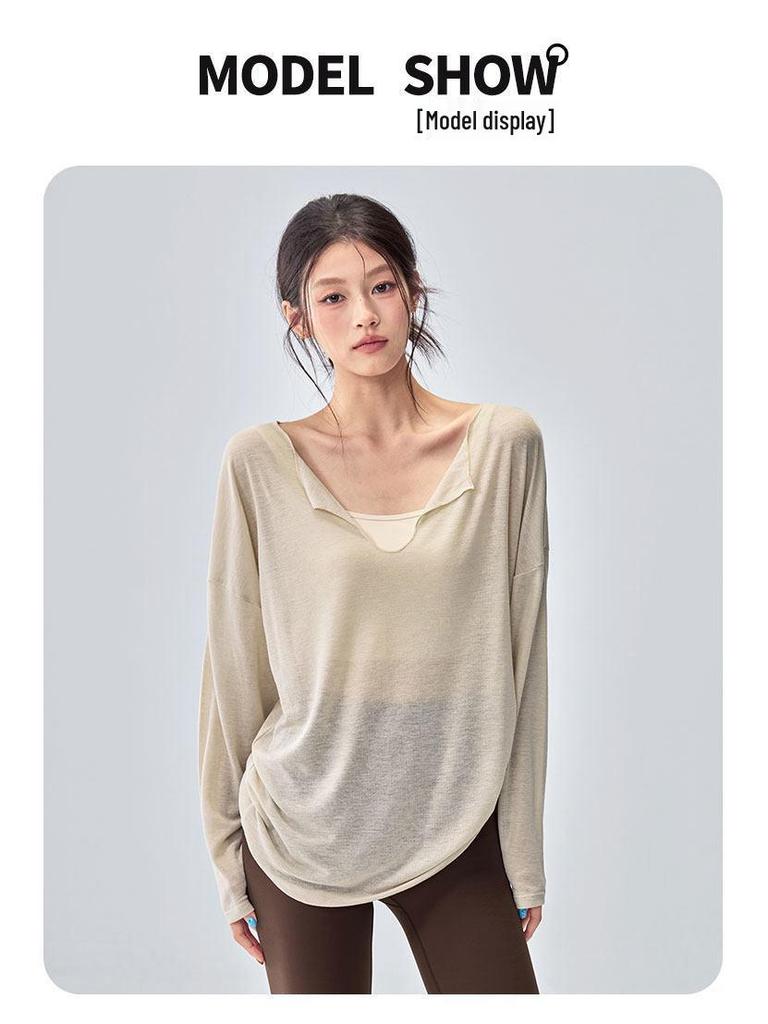 Women's Korean Style Long Sleeve V-neck Yoga Top - Loose, Breathable, Casual Sportswear